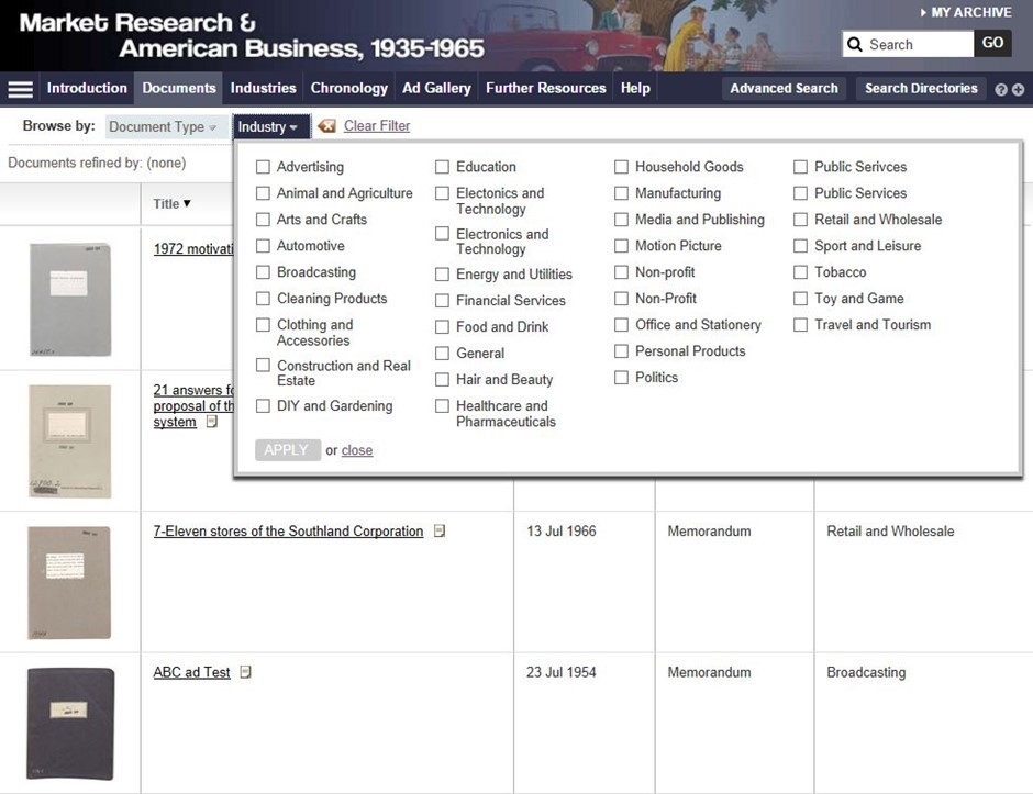 View of the documents list of Market Research & American Business, 1935-1965, with the Industry filter menu open.