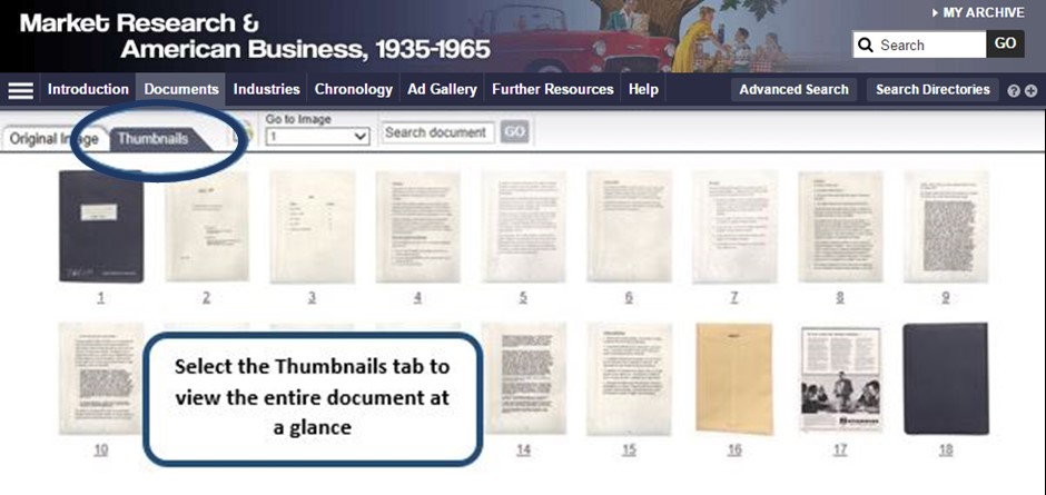 View of the Market Research & American Business document viewer, with the Thumbnails tab selected.